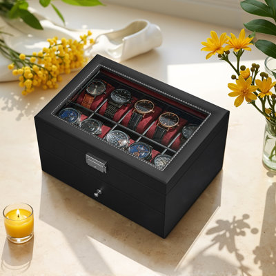 20-Slot Watch Box, Watch Case With Glass Lid, 2 Layers, Lockable Watch Display Case, Gift Idea, Black Synthetic Leather