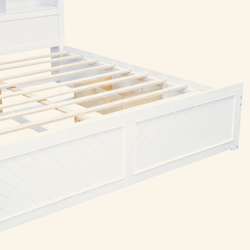 Lit plateforme très grand en bois avec tête de lit multi-rangement, USB et tiroirs, Blanc