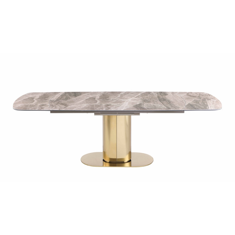 Elegant Extendable Faux Marble Dining Table with Brass Pedestal Base