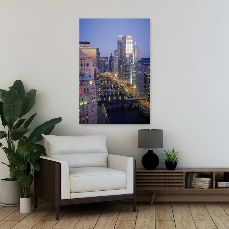 Skyscrapers lit up at night Chicago River Chicago Cook County Illinois USA 1 Piece Wrapped Canvas Wall Art