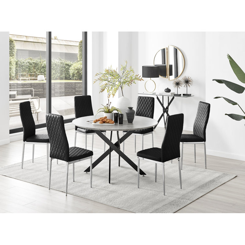 Tierra Modern Concrete Effect and Chrome Metal 6 Seat Dining Table Set - Luxury Velvet Dining Chairs, Black, Black