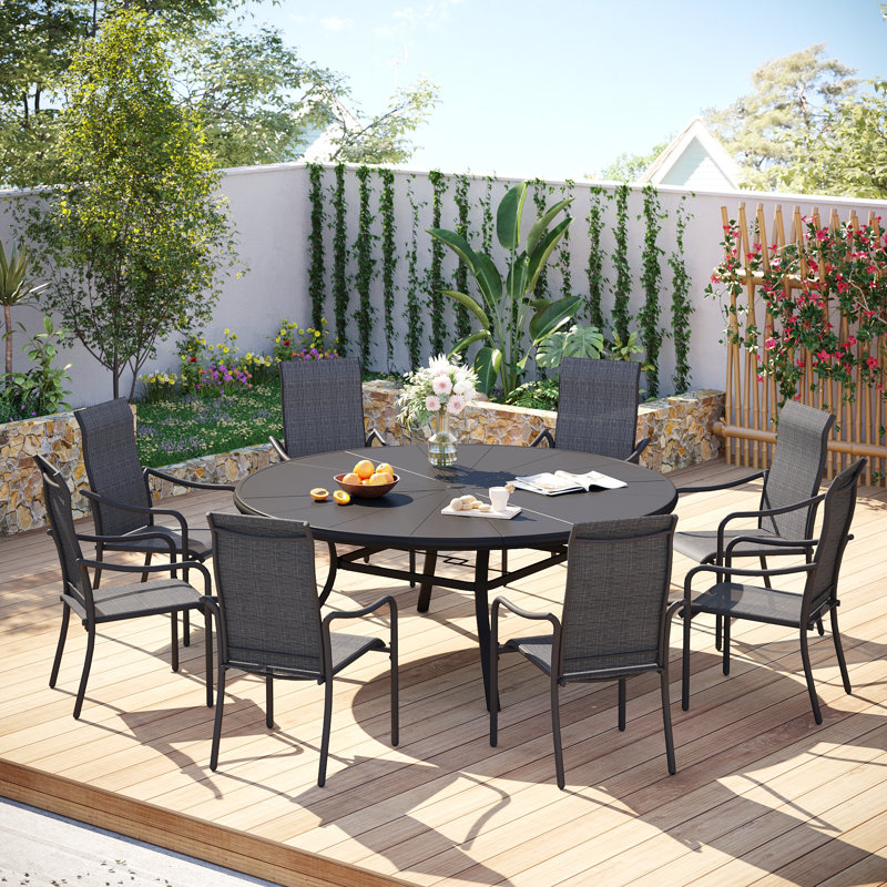 Ensemble repas pour 8 personnes avec table de salle à manger en aluminium 60 po et 8 chaises empilables, Gris