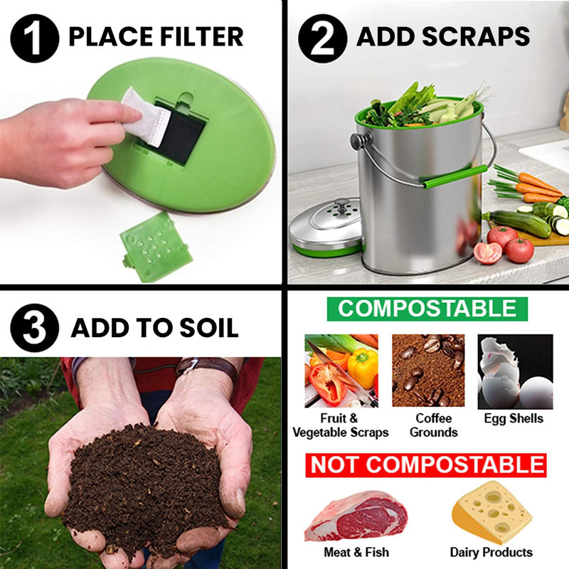 Titanium Stainless Steel 1.6 Gallon Kitchen Compost Bin with AbsorbX Odor Filter