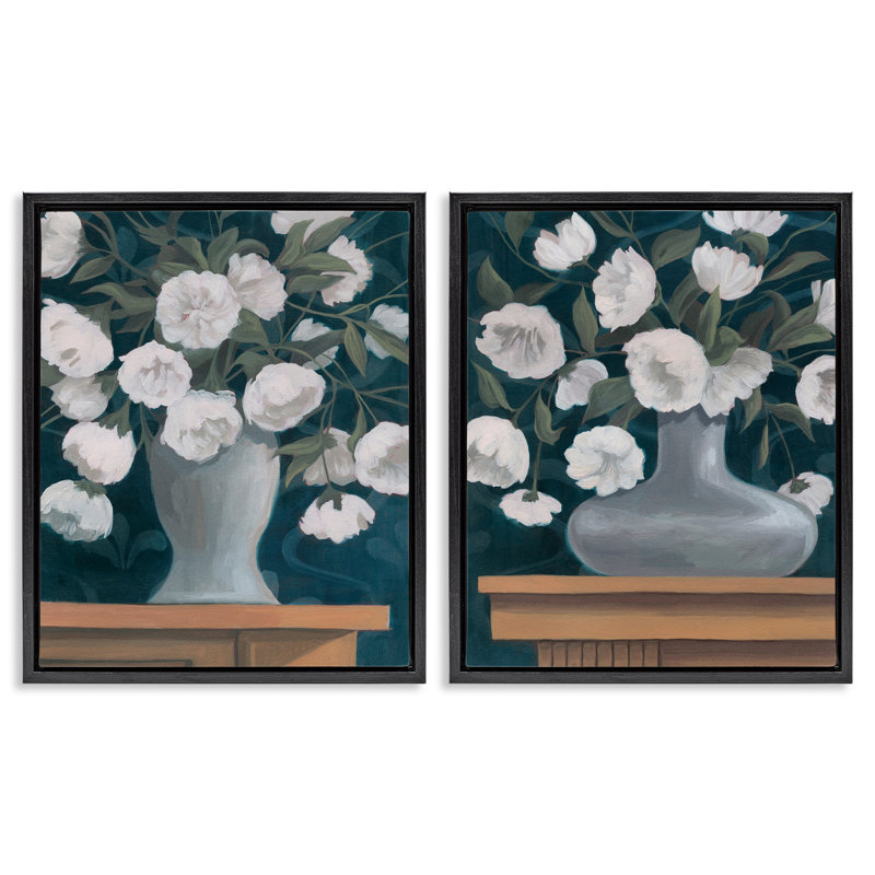  «Flower Vases on Table Top», ensemble de 2 toiles flottantes encadrées par Grace Popp, Cadre flottant noir de jais