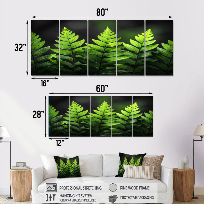 Ensemble de reproductions d'art murales vertes et noires, "Nirvana Ferns I" - fougères, H 32 po x l 80 po
