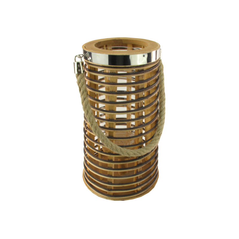 Rustic Brown and Silver Glass Hurricane Candle Lantern with Jute Handle