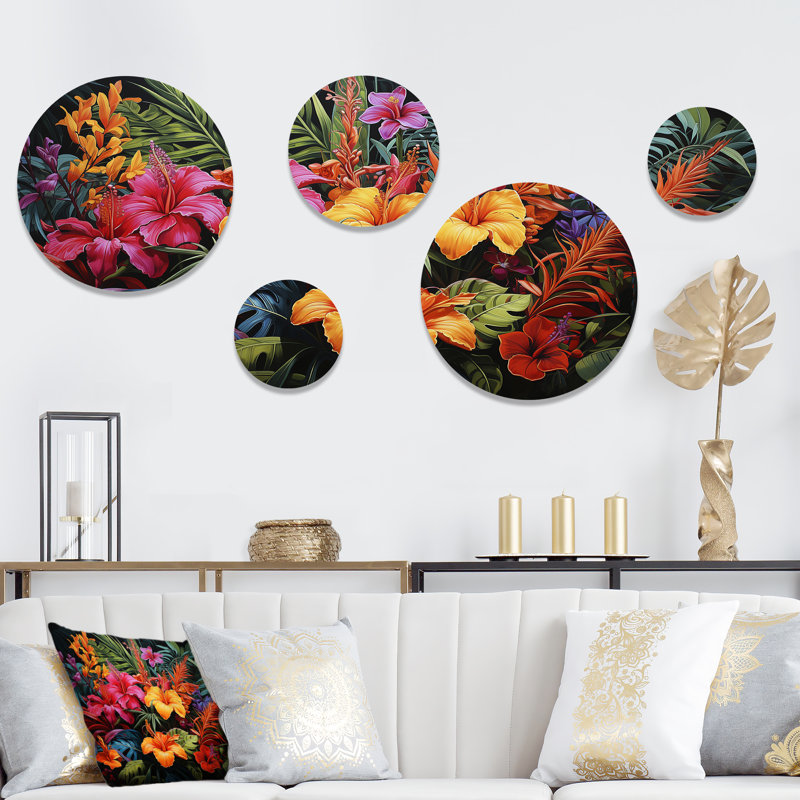 «Colorful Jungle Plants Dream» - ensemble d'art mural rond 5 pièces Jungle