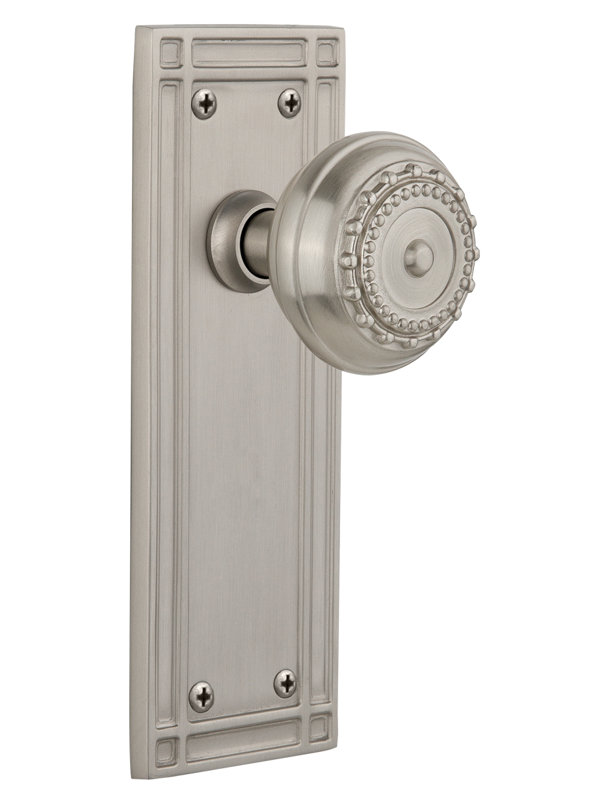 Plaque de mission avec bouton de porte Meadows, Nickel satiné, 2 3/4 po