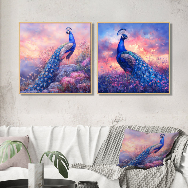 Paon dans un champ de lavande I - décoration murale oiseau - art mural moderne 2 pièces, H 16 po x l 33 po, Cadre flottant