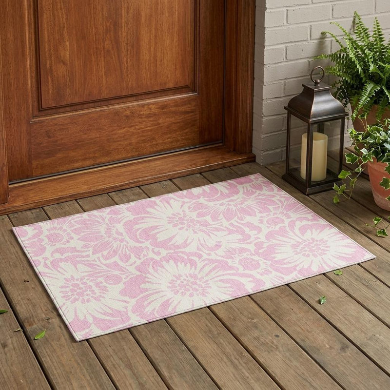 3' X 5' Pink and Ivory Floral Washable Non Skid Indoor Outdoor Area Rug