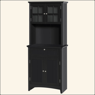 Élégant buffet avec huche, armoire de rangement pour garde-manger avec porte en verre encadrée et espace pour micro-ondes