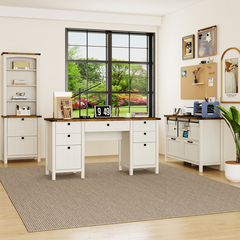 3-Piece Computer Desk Office Set, White/Brown