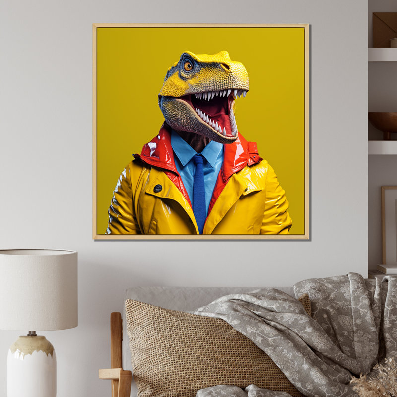 Jaune et bleu, premier dinosaure à la mode - art de mur de dinosaure, Cadre flottant brun, H 16 po x l 16 po x P 1 po