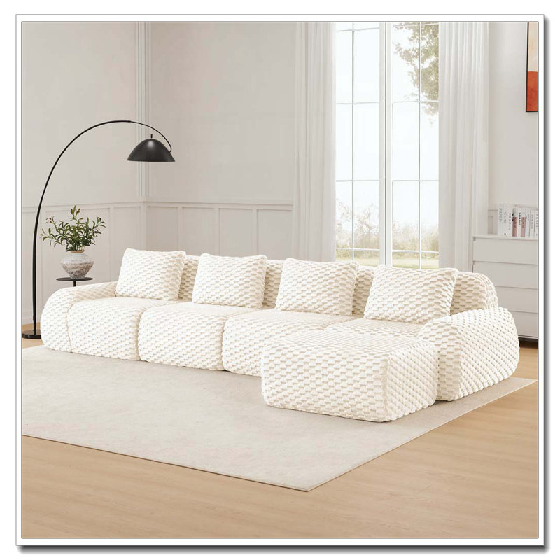 Canapé modulaire modulaire pour le salon, tissu en flanelle, très texturé, canapé 4 places surdimensionné, 4, Tissu crème
