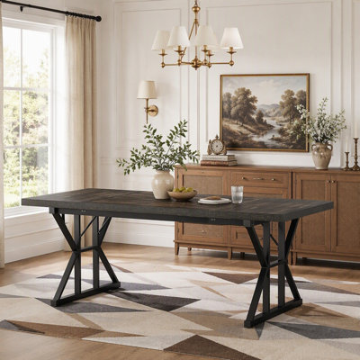 Farmhouse Dining Table for 6, Rustic Rectangular Kitchen Table with X-Trestle Metal Legs, Wood Top for Dining Room