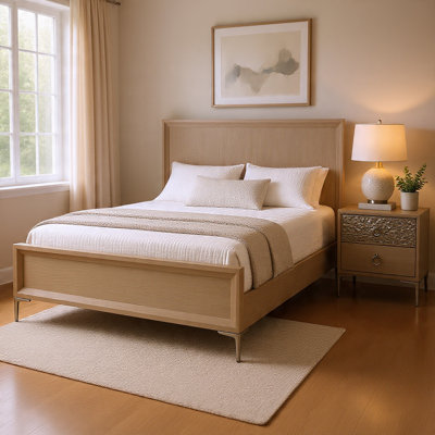 Ensemble de chambre à coucher grand lit, chêne naturel, argent, champagne, ensemble de 2 pièces avec table de chevet