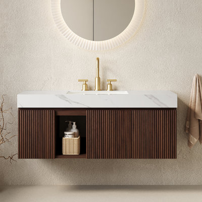 Ensemble de meuble-lavabo 48 po, meuble de rangement flottant, comptoir en pierre frittée blanc Carrara et lavabo en céramique avec 3 trous de robinet pré-percés, pré-assemblé, sans robinet et ensemble de drain