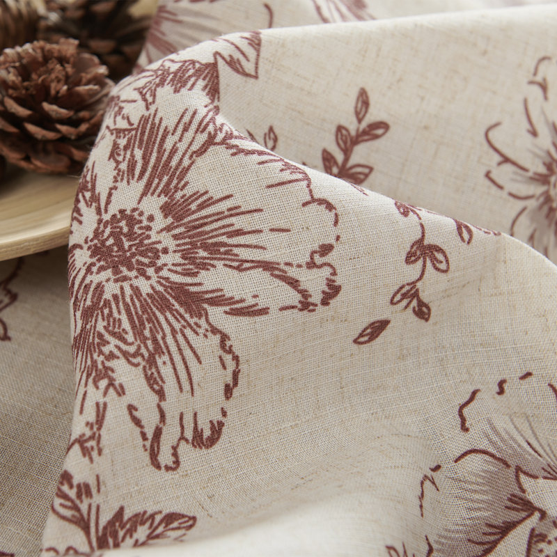 Neacsa Linen Semi Sheer Peony Flower Patterned Rod Pocket Curtain Pair, 50" W x 63" L, Brick Red