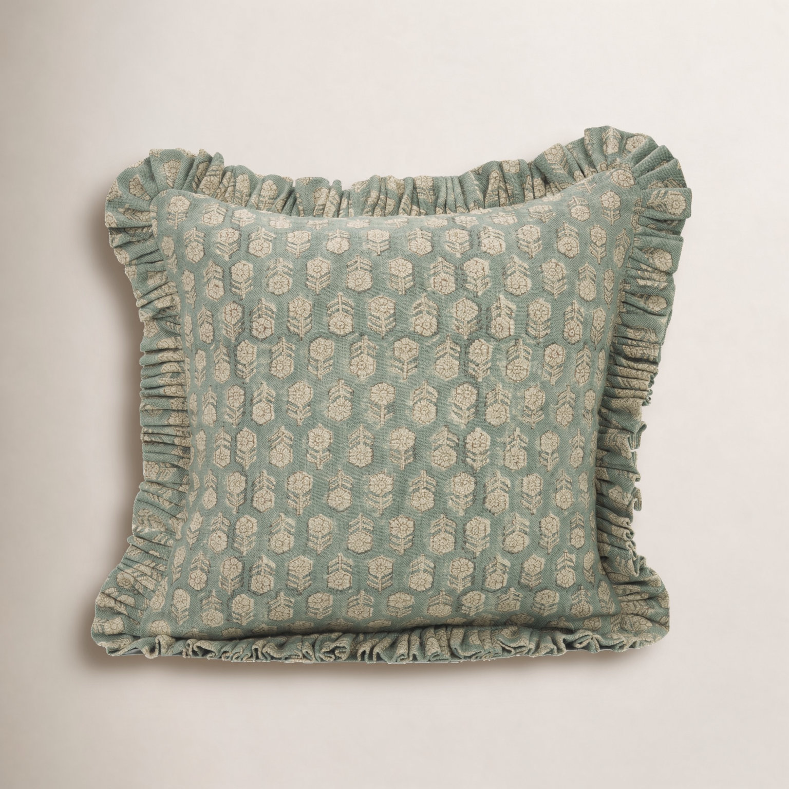 Handmade Linen Pillow Cover, Green Floral/Block Print, 14"H x 14"W