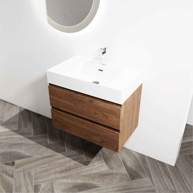 Meuble-lavabo de salle de bain de 30 po avec lavabo en résine et 2 tiroirs à fermeture en douceur. Fixation murale moderne. Lavabo à base en contreplaqué. Style moderne, fermeture en douceur pour une utilisation à long terme