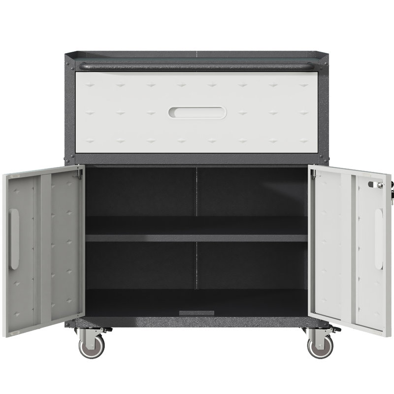 Armoire de garage en métal avec roulettes et portes verrouillables - H 35,01 po x l 28,79 po x P 16,43 po, 1 tiroir, solution de rangement mobile, outil noir et gris