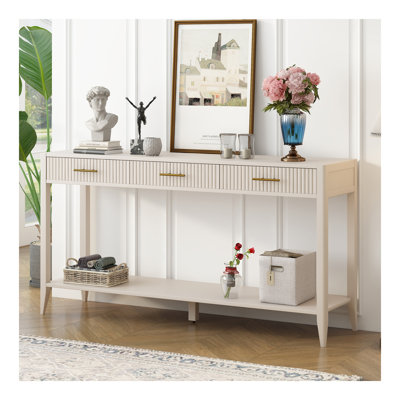 Console 60 po avec 3 tiroirs, table de hall d'entrée en bois avec tablette de rangement, canapé de style campagnard pour salon, couloir, vestibule, vestibule, couloir (beige)