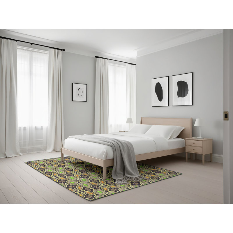Tapis décoratif vert géométrique, Rectangle 5 pi x 7 pi
