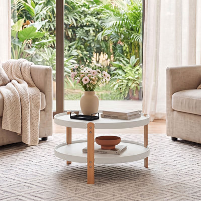 23.5" 2-Tier Round Coffee Table with Storage, Solid Wood Legs & Open Storage Shelf White