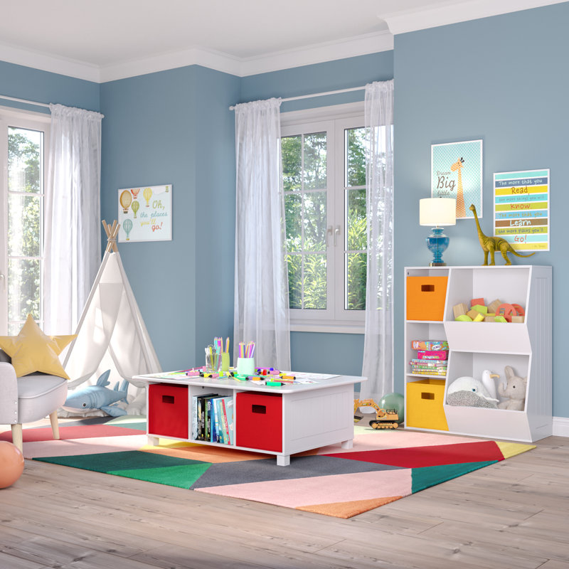 RiverRidge Kids Desk, Activity and Play Table with 6 Storage Cubbies - White with 2 Fabric Bins, White/Red