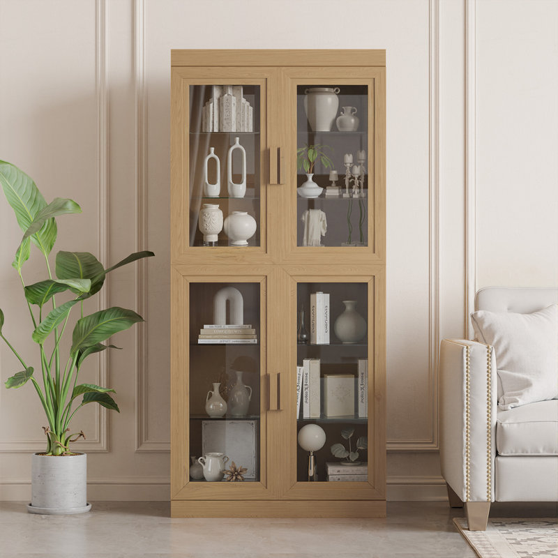 Wood Glass Door Display Cabinet China Cabinet, Natural Color