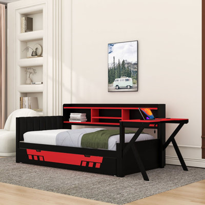 Daybeds Frame with Desk, Drawers, Storage Shelves, Lighting and Charging Station