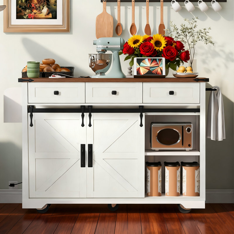 53.7" W Wood Kitchen Island with Drop Leaf, White