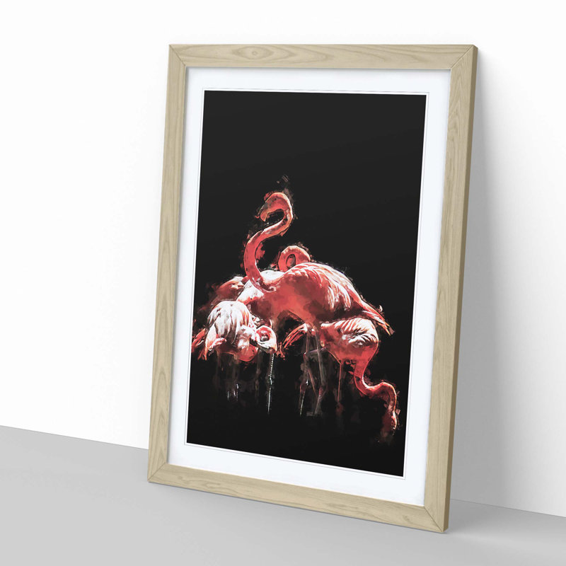 Pink Flamingos in Abstract - Framed Print, 50cm H x 35cm W x 2cm D, Oak