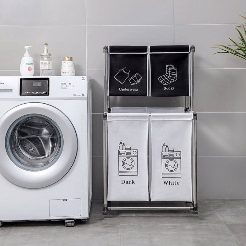 Trieur de linge à 2 niveaux avec 4 sacs amovibles pour organiser les vêtements, la lessive, les lumières