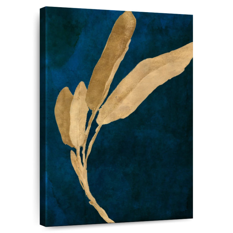 Harnek, feuilles d'or sur bleu marine III, H 24 po x l 16 po