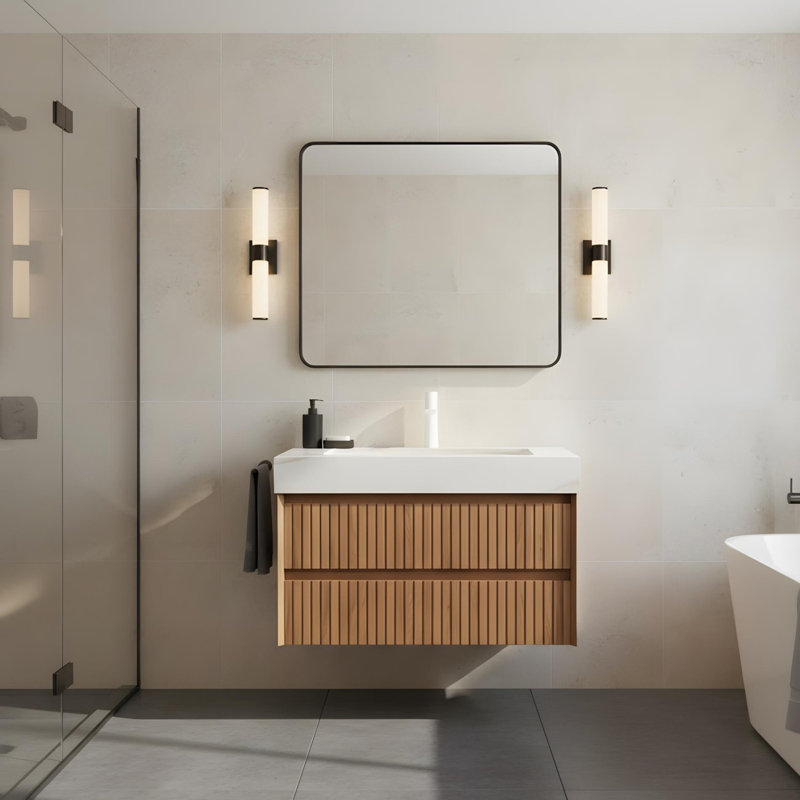 Meuble-lavabo mural 30 po avec 2 tiroirs et lavabo en céramique Carrara, 30", Blanc de Carrare