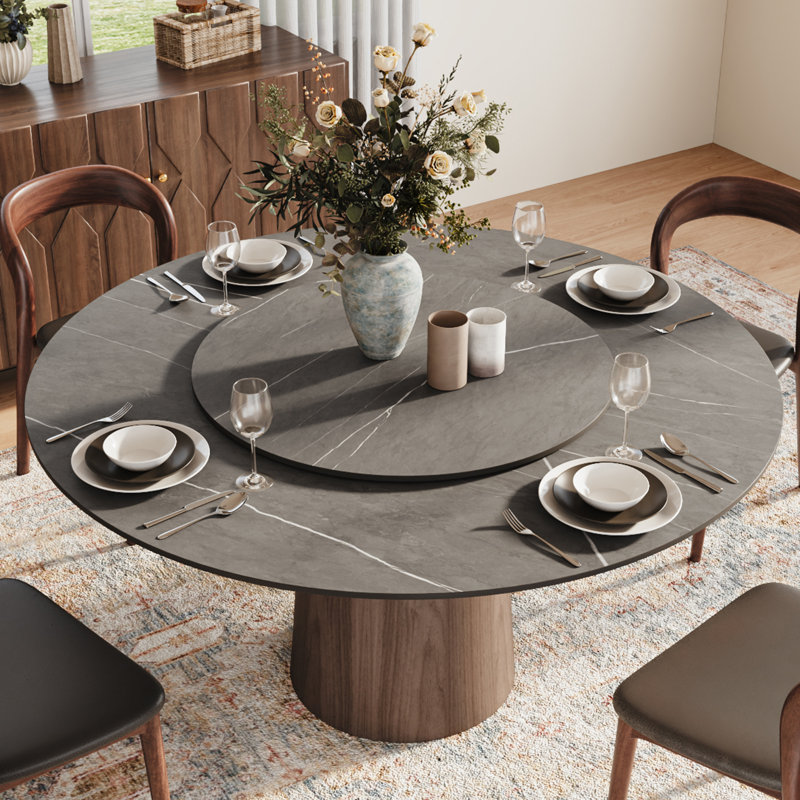 Table de salle à manger grise en bois foncé avec plateau tournant pour 6 à 8 personnes