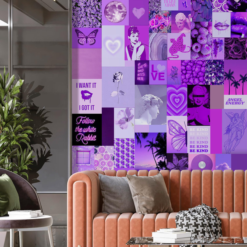 Vibrant mauve, mélange éclectique d'icônes et de graphiques, L 48 po x l 48 po
