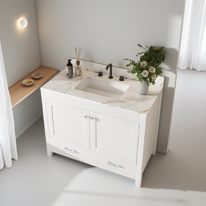 Ensemble de meuble-lavabo moderne de 43 po avec ensemble de couleurs Karalakin en marbre artificiel, armoire de salle de bain multifonctionnelle avec portes et tiroir, cadre solide et panneau de fibres à densité moyenne (trois trous de robinet)