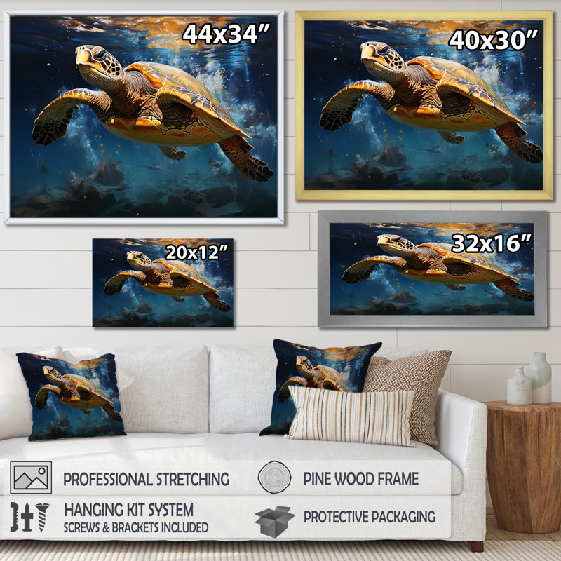 Tortue de marée, art mural tortue océanique II, Toile tendue, H 12 po x l 20 po x P 1 po