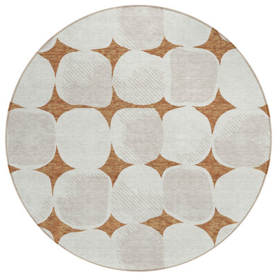 8' Brown And Ivory Round Abstract Washable Indoor Outdoor Area Rug