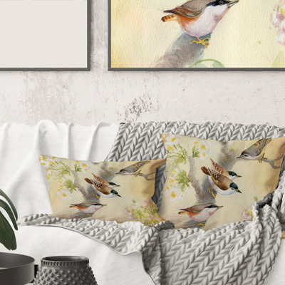 Birds On A Blossoming Apple Tree Animal Print Pillow