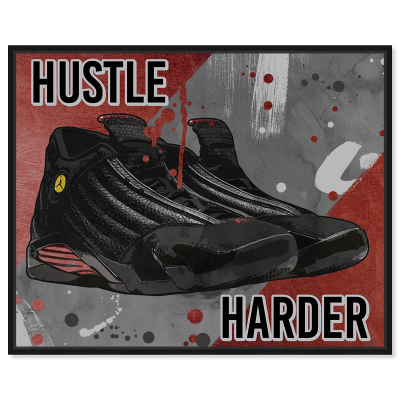 «Hustle Iconic Sneakers», impression de citations sur toile par Notoriart, Cadre noir, H 17 po x l 21 po