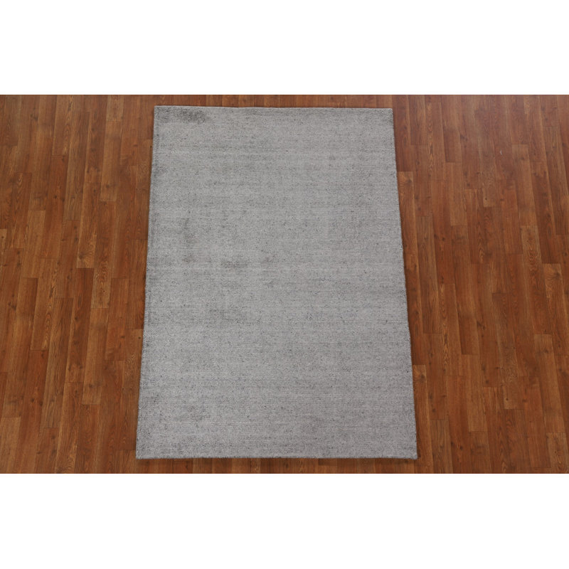 Tapis gris en laine noué à la main de conception unique 3 pi 11 po x 5 pi 11 po New Age