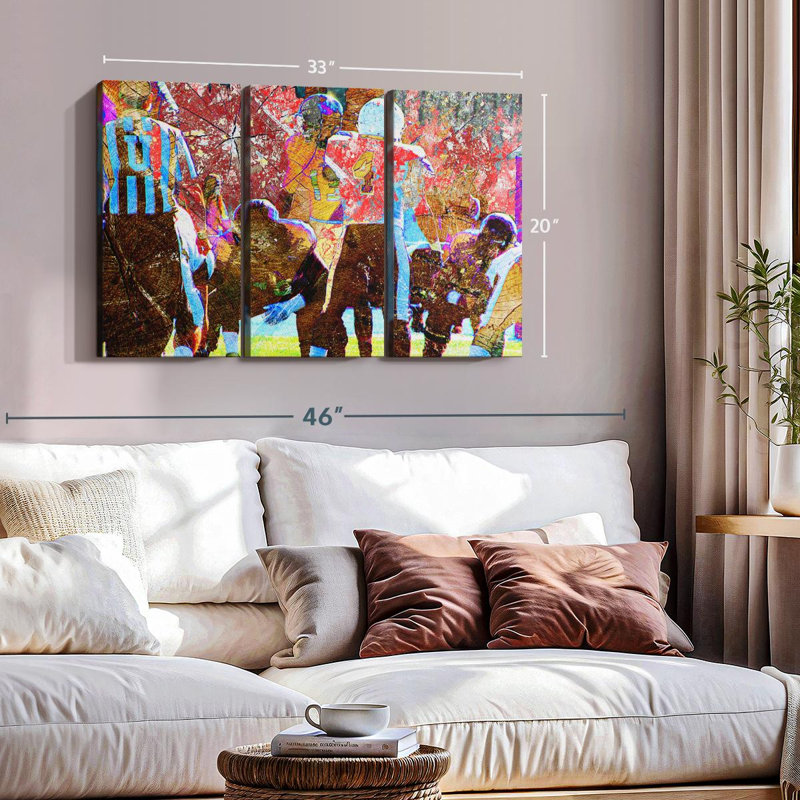 Footballeurs sur toile, H 20 po x l 33 po x P 1,25 po