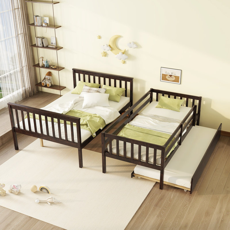 Twin Over Full Rubberwood Bunk Bed with Trundle, Detachable Convertible Ladder & Guardrail,Espresso, Espresso