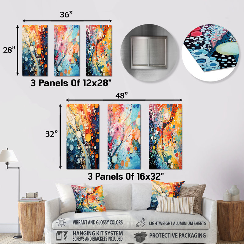 Colourful Ink River Microscopic Fantasia I - Abstract Shapes Metal Wall Decor Set Of 3, 28" H x 36" W