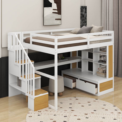 Lit mezzanine double avec bureau, tablettes et tiroirs