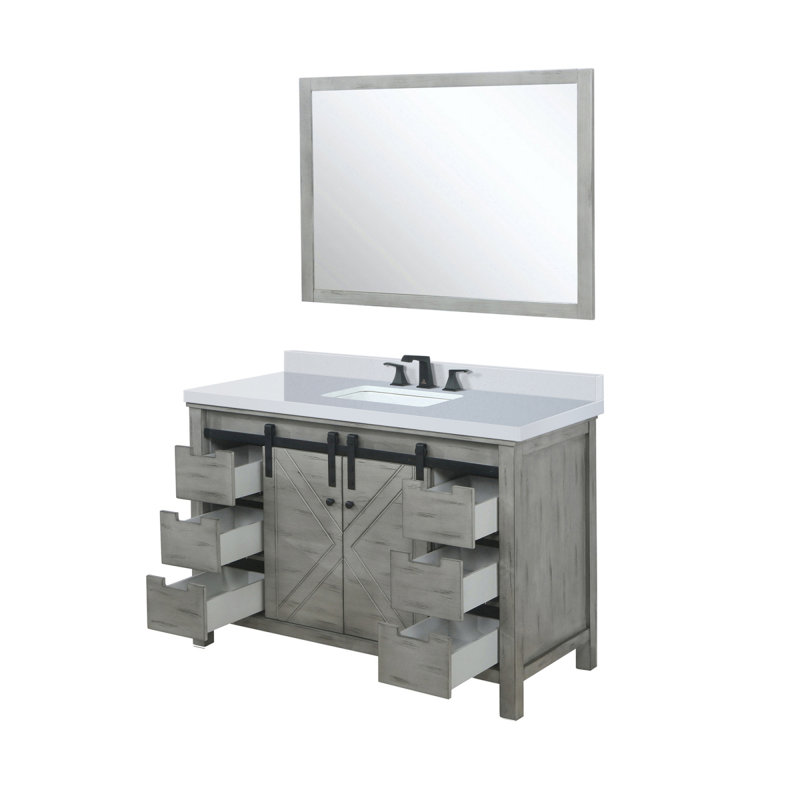 Meuble-lavabo gris cendre l 48 po x P 22 po, comptoir en quartz blanc, ensemble de robinets et miroir de 44 po