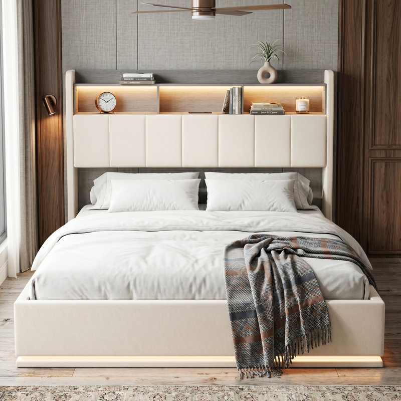 White Velvet Ottoman Bed with LED & Charging Headboard, 2-Tier Storage Shelf, 90/140/160x200cm